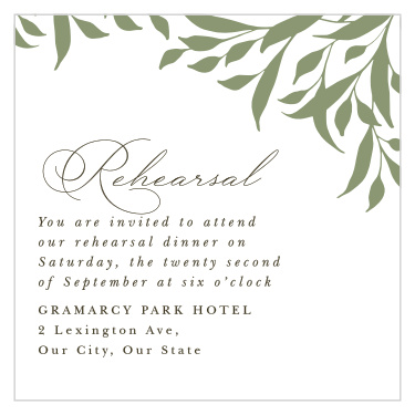 Set the mood for your wedding with our Leafy Crest Rehearsal Cards.
