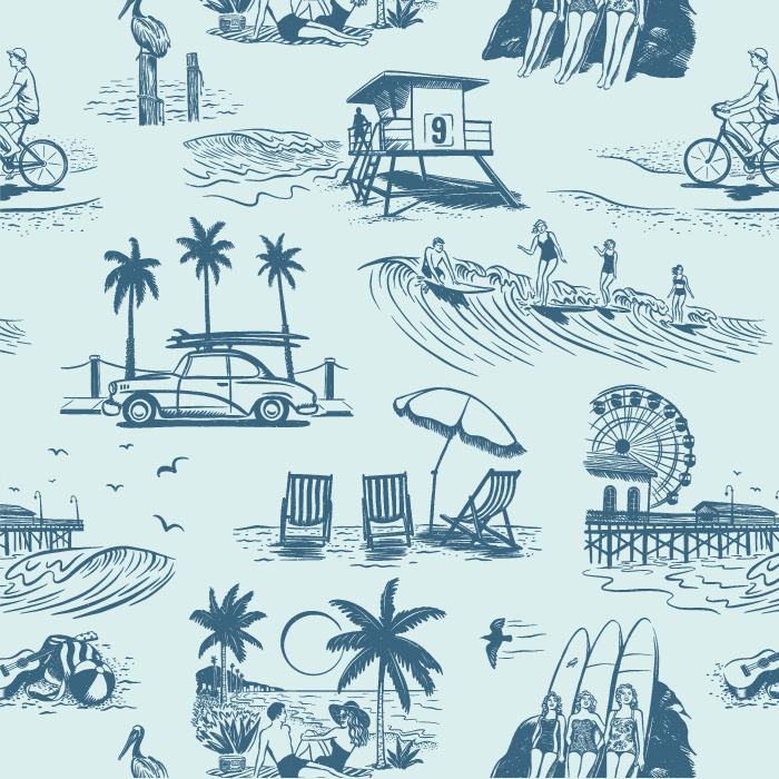 Our Retro Surf Beach Peel and Stick Wallpaper is sure to bring the look of a tropical getaway to any wall in your home.