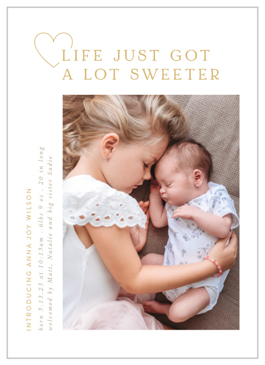 Our Sweet Heart Birth Announcements let family and friends know that life just got a lot sweeter with the arrival of your bundle of joy.