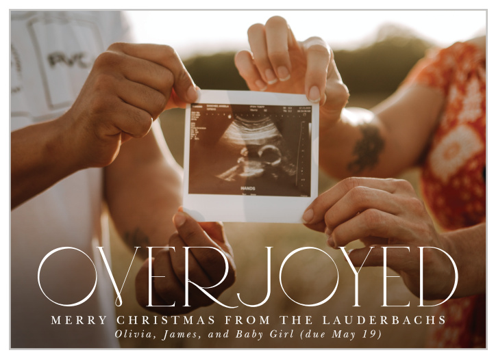 Share your exciting news with our Overjoyed Love Christmas Cards. 