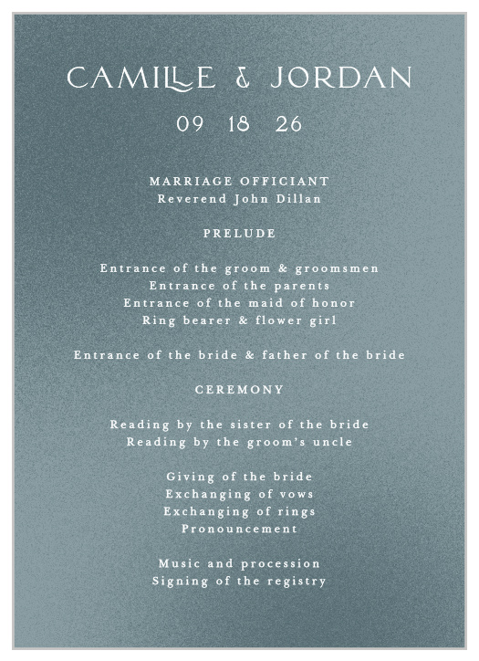 Walk family and friends through each step of your ceremony with our Textured Camille Wedding Programs.