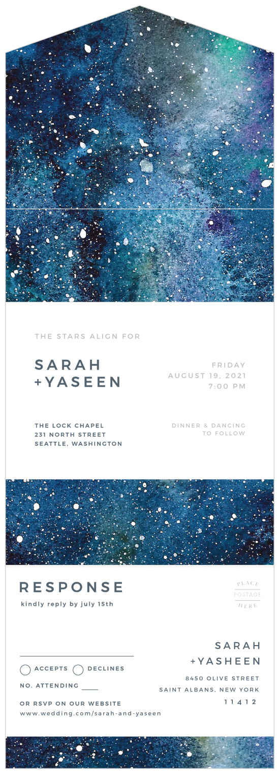 Our Starry Galaxy Skyline Seal & Send Wedding Invitations are the perfect way to share your wedding-day details with the breathtaking beauty of space.