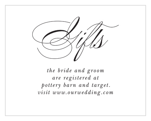 Let family and friends know where you would like to receive your wedding gifts from when you send out our Chic Couple Registry Cards.