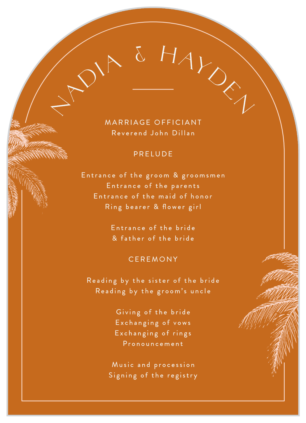 Pretty Palms Wedding Arch Programs