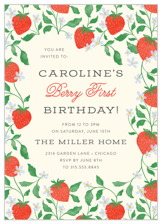 Gather close friends and family for your little one's special day with our Berry First First Birthday Invitations. 