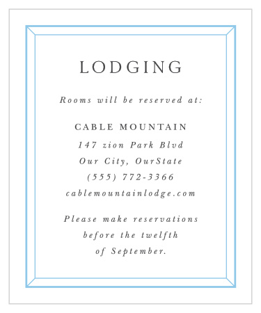 Our Soft Bevel Accommodation Cards inform your out-of-town guests of local hotels.