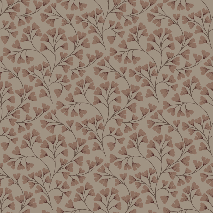 Ginko Breeze Wallpaper showcases a delicate, repeating pattern of ginkgo leaves in soft brown and earthy taupe tones, evoking a grounded yet elegant atmosphere.