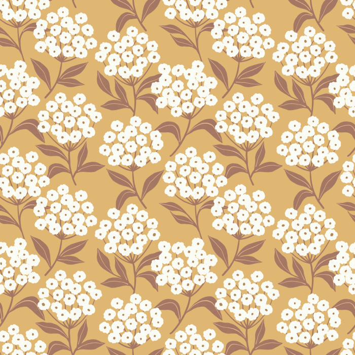 Earthy Hydrangeas Wallpaper showcases a charming floral repeat of white hydrangea clusters with soft brown leaves on a warm taupe background.