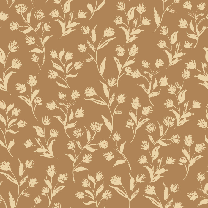 Create a warm, welcoming atmosphere with Golden Flourish wallpaper, featuring a charming botanical sprig pattern in soft cream on a golden brown background.