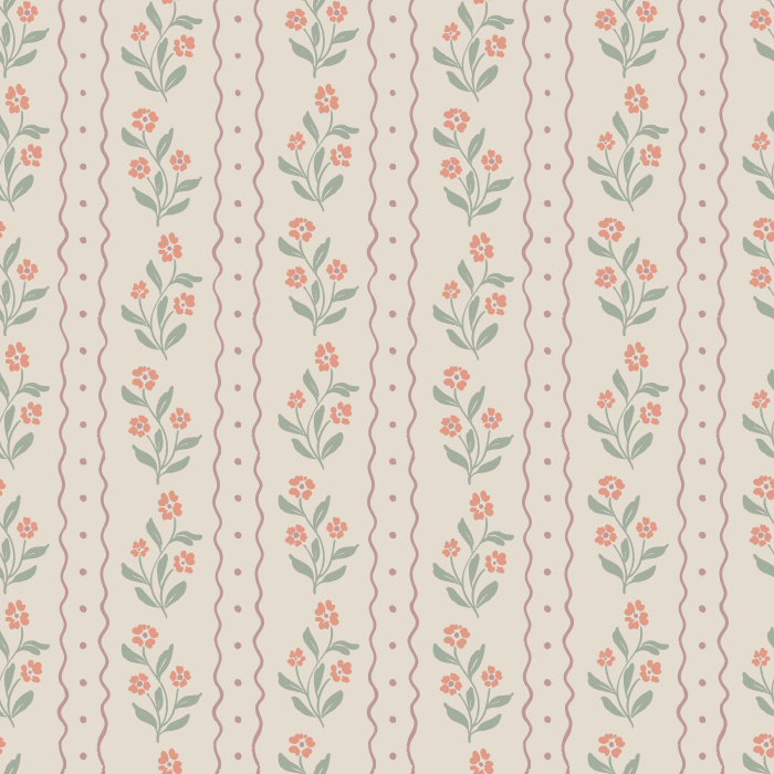 Bring a touch of vintage charm to your home with Jasmine Breeze wallpaper, featuring dainty floral bouquets and scalloped stripe accents in warm taupe and golden honey tones on a creamy background.