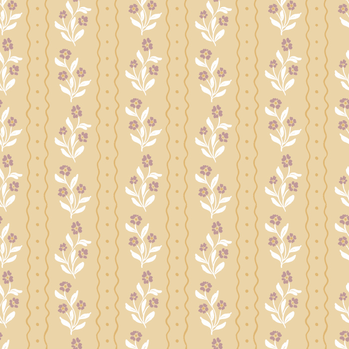 Bring a touch of vintage charm to your home with Jasmine Breeze wallpaper, featuring dainty floral bouquets and scalloped stripe accents in warm taupe and golden honey tones on a creamy background.