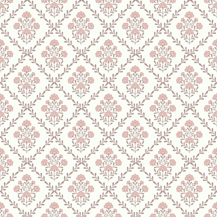 Floral Trellis wallpaper features a soft, vintage-inspired trellis pattern with delicate blush pink and sage green florals on a warm beige background.