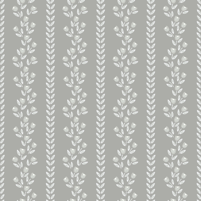 Tulip Thread wallpaper features delicate vertical stripes of hand-drawn blue tulips and olive green vines on a crisp white background.
