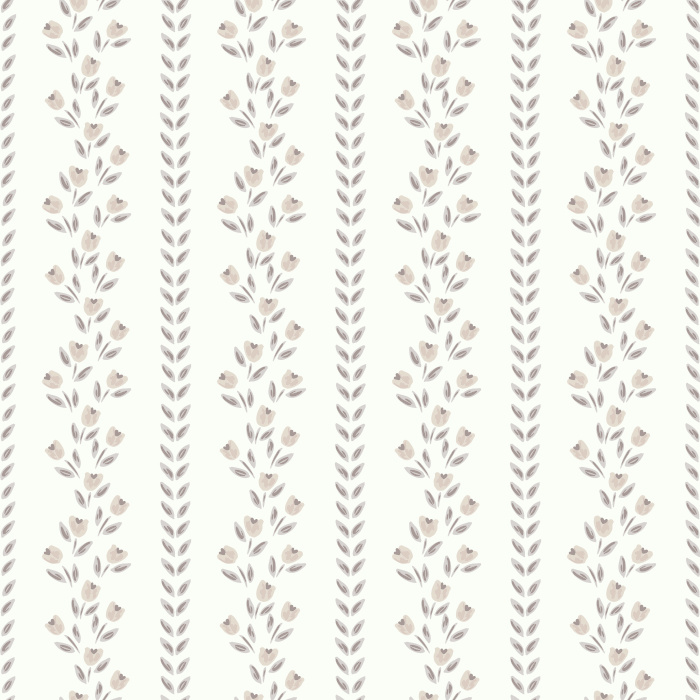 Tulip Thread wallpaper features delicate vertical stripes of hand-drawn blue tulips and olive green vines on a crisp white background.