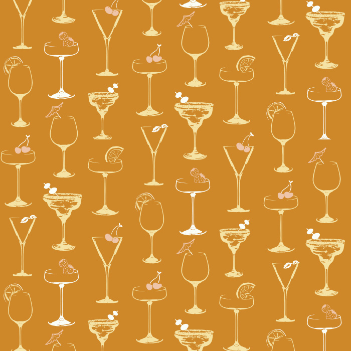 Celebrate style with our Easy Breezy wallpaper, featuring golden cocktail glasses with red accents on a deep green background.