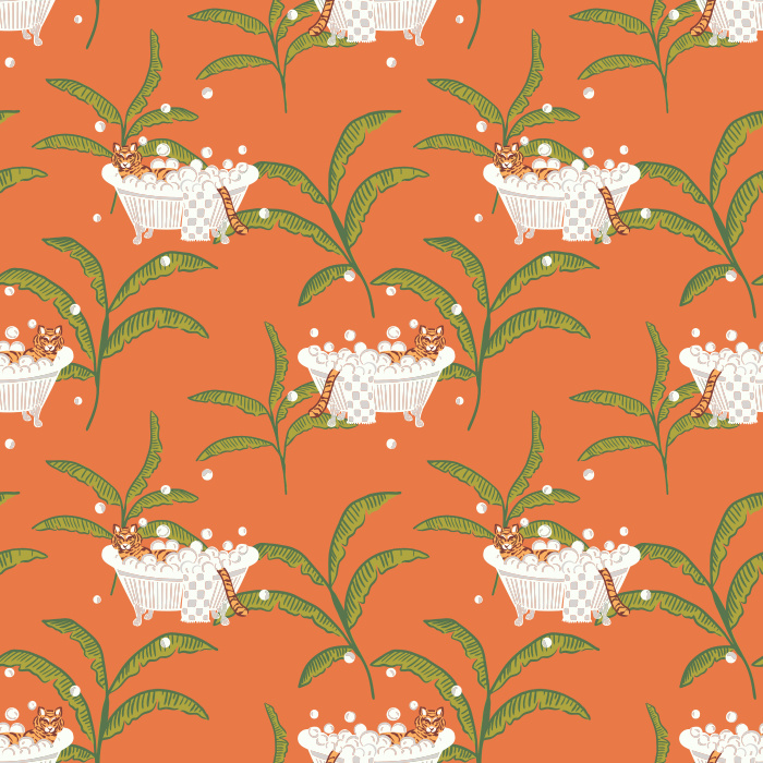 Add a whimsical twist with our Tigers & Bathtubs wallpaper, featuring playful tigers lounging in tubs among green palms.