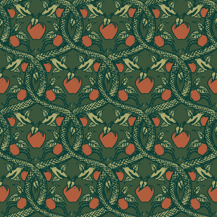 Enrich your walls with our Knowledge Tree wallpaper, featuring bold branches, green leaves, and red fruit on beige.