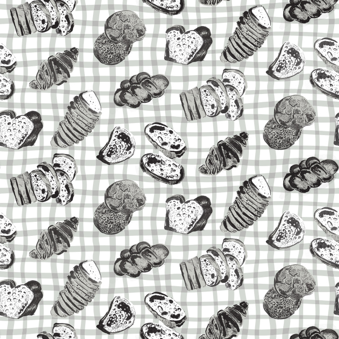 The Baked Goods Wallpaper features a charming retro-style pattern of illustrated cupcakes, cookies, and pastries in warm shades of brown, cream, and soft blue.