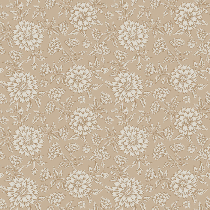 The Pressed Carnation Wallpaper features a delicate floral design of softly outlined blooms in cream on a warm taupe background.