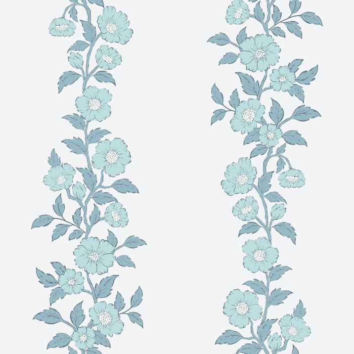 The Heirloom Vine Wallpaper features elegant vertical stripes of soft blue-green floral vines set against a warm cream background.