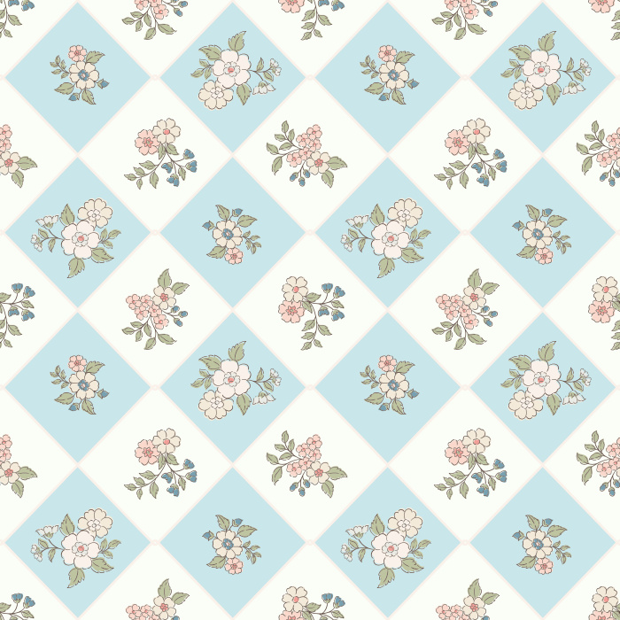 The Retro Botanicals Wallpaper blends mid-century charm with modern floral flair, featuring pastel yellow and blush diamond tiles adorned with hand-drawn flower clusters.