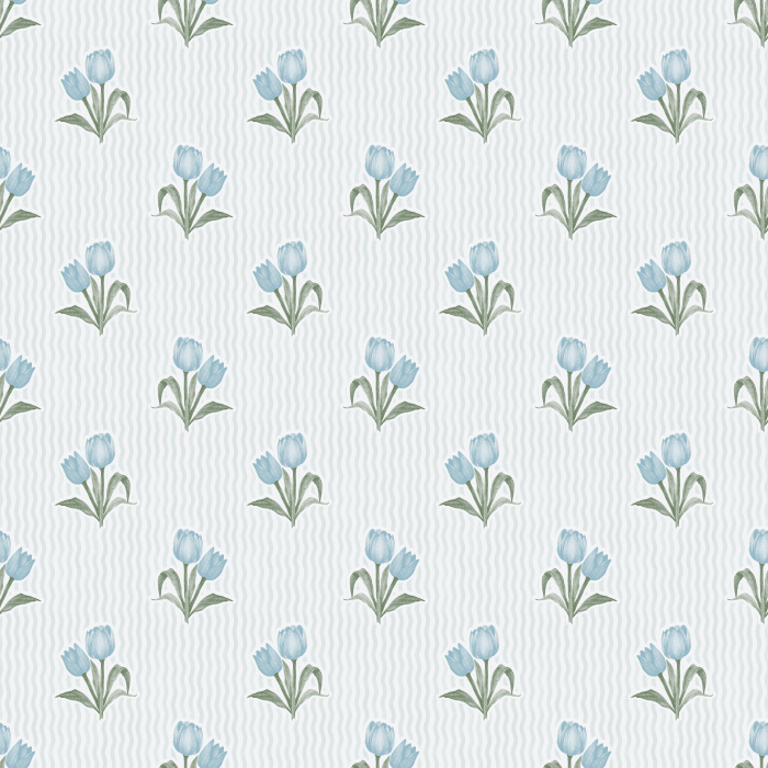 The Tulip Memories Wallpaper celebrates springtime charm with soft pink tulips arranged against a gentle wavy sage background.