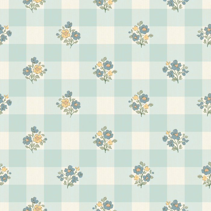 The Gingham Bloom Wallpaper blends cheerful cottage charm with vintage warmth, featuring soft yellow gingham checks adorned with dainty floral bouquets.