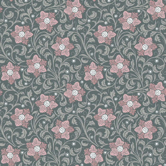 The Midnight Bloom Wallpaper captures the beauty of a moonlit garden with deep navy tones, scrolling vines, and crimson red blossoms.