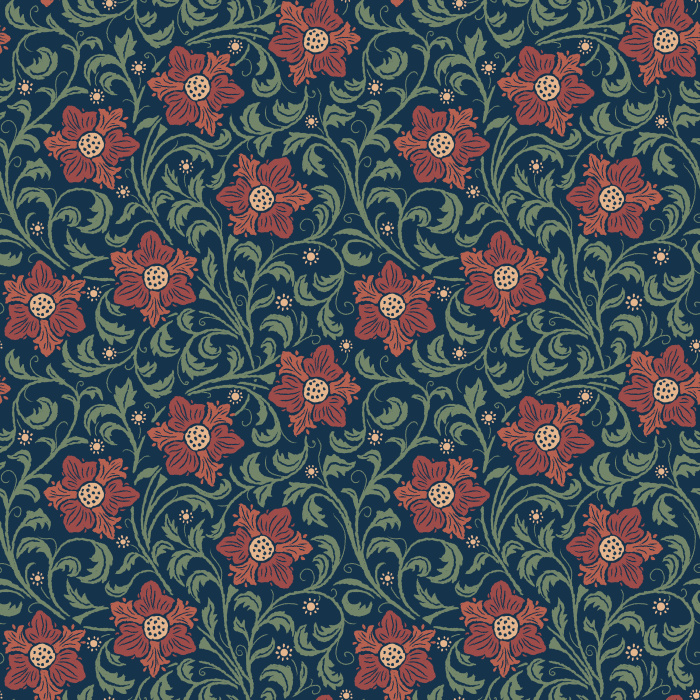 The Midnight Bloom Wallpaper captures the beauty of a moonlit garden with deep navy tones, scrolling vines, and crimson red blossoms.