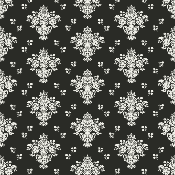 The Historic Damask Wallpaper brings timeless sophistication to your home with its classic damask pattern in soft taupe against a muted blue-gray background.