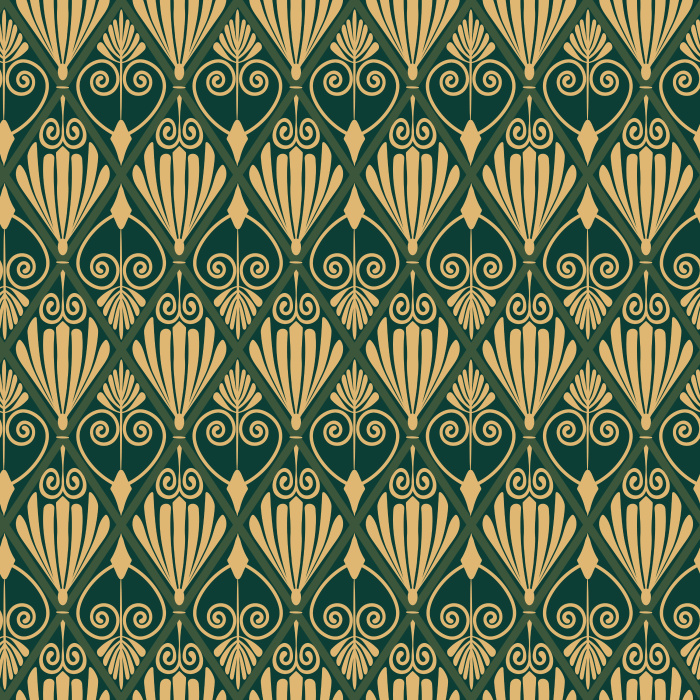 The Athenian Deco Wallpaper channels timeless Art Deco luxury with its geometric fan and scroll pattern in warm gold on a deep charcoal background.