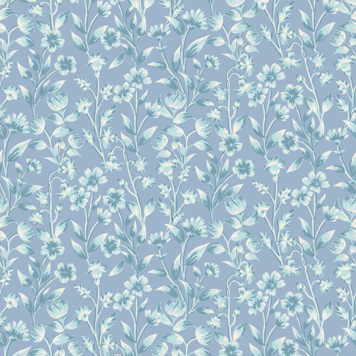 The Floral Silhouettes Wallpaper features a delicate botanical design of ivory flowers and leafy vines on a muted blue-gray background.