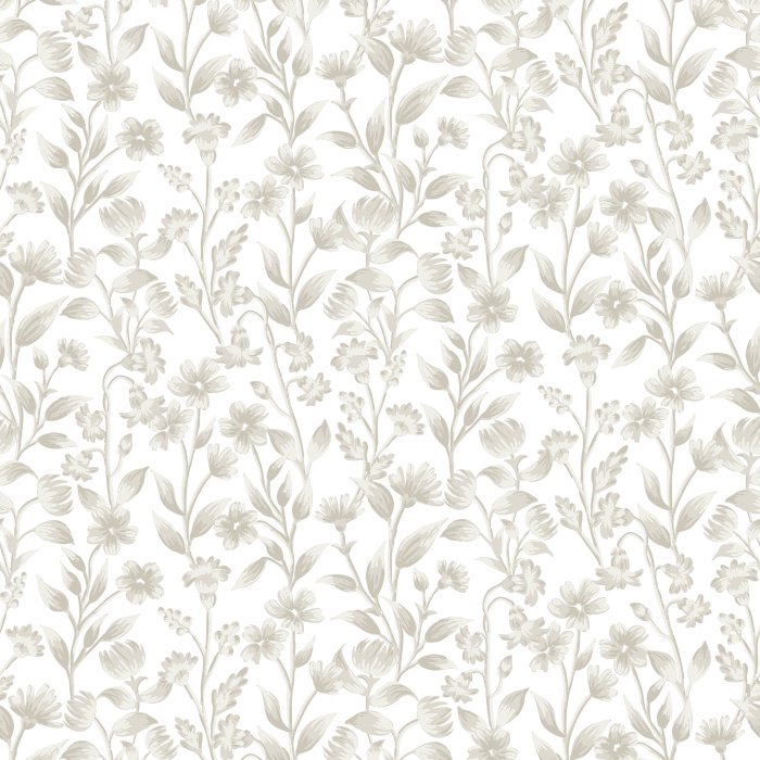 The Floral Silhouettes Wallpaper features a delicate botanical design of ivory flowers and leafy vines on a muted blue-gray background.