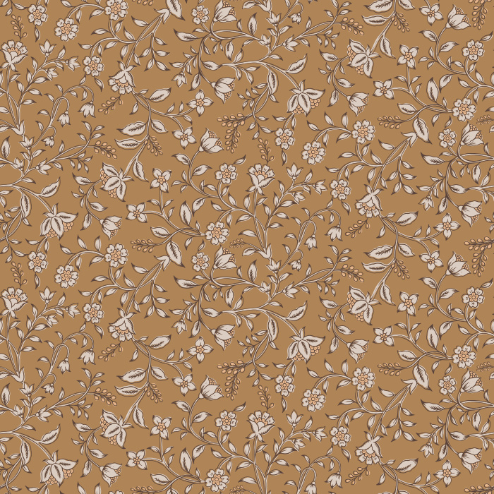 The Folk Blossoms Wallpaper captures the charm of handmade artistry with a delicate floral vine pattern in soft white against a warm honey-brown background.