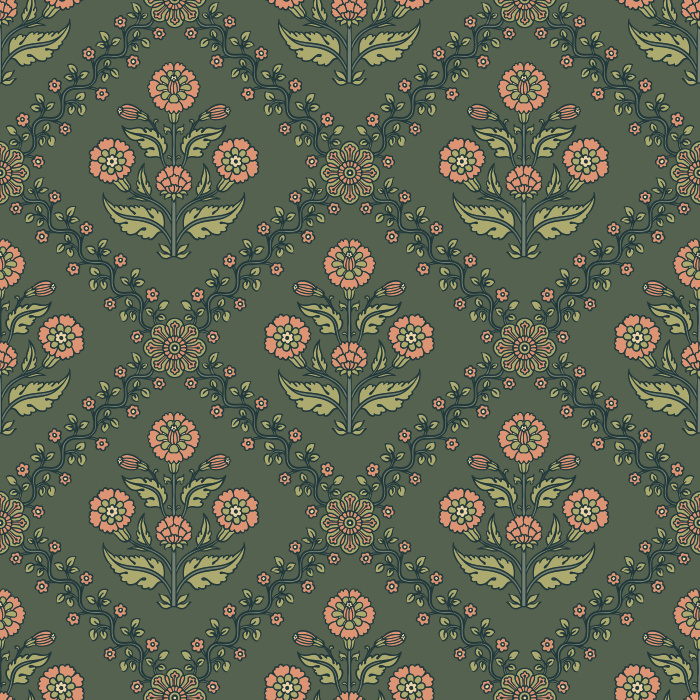 The Floral Legacy Wallpaper captures timeless beauty with its soft, symmetrical floral medallions in muted blue, sage, and beige tones.