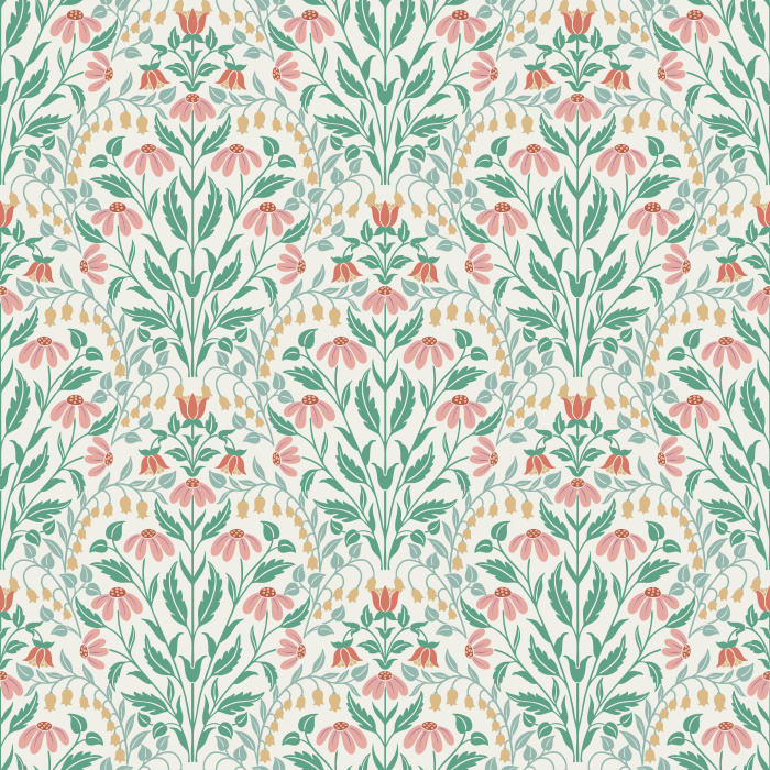 The Summer Wildflowers Wallpaper celebrates nature’s charm with a graceful botanical pattern of coral, sage, and golden florals on a warm ivory backdrop.