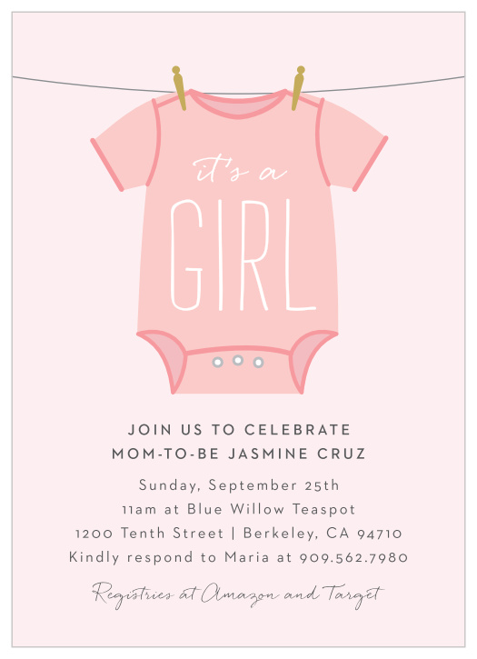 The Girl Onesie Clothesline baby shower invitations are a fun and cute way to invite your guests to your baby shower.