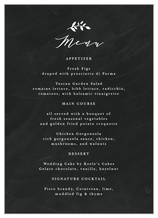 Describe what will be served at your reception to family and friends with our Chalkboard Art Wedding Menus.
