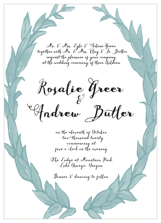 This beautifully simple card is adorned in a great watercolored wreath. With its green leaves as a wreath and border, you are sure to impress with this card.