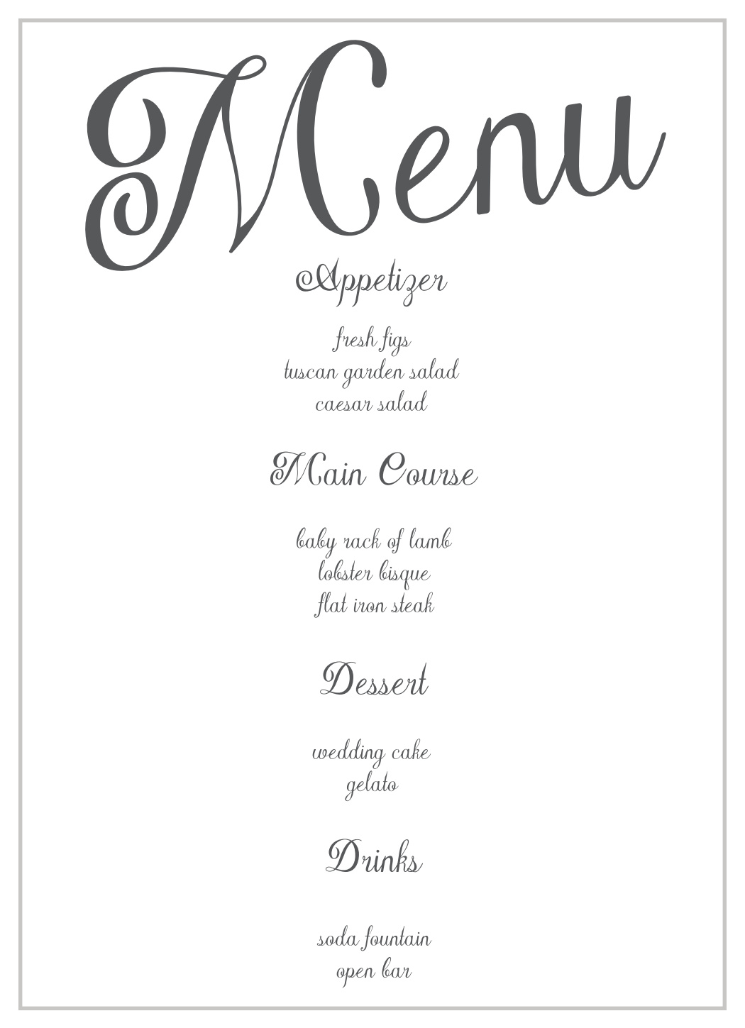 Plain Elegance Wedding Menus