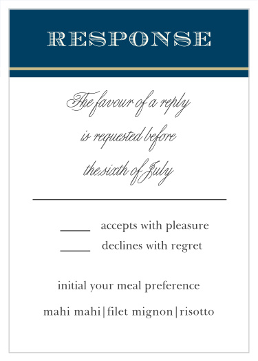 The traditional style of the Photo Ribbon Response Cards features your title in a block of color with a stripe toward the bottom.