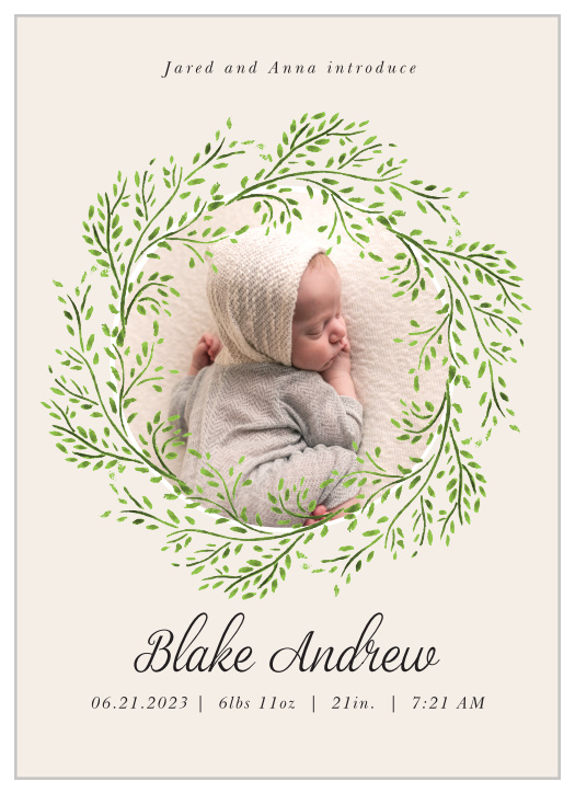 Choose a design like our nature-inspired Leafy Wreath Boy Birth Announcements to introduce your newborn to your loved ones!