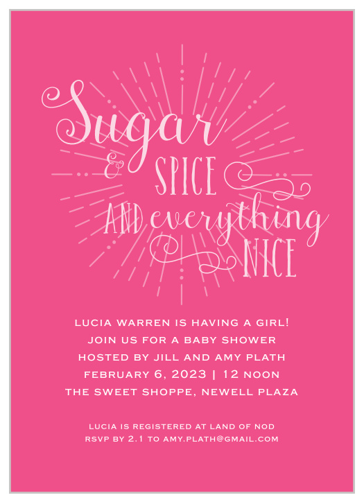 Gather your close friends and family together to celebrate the little one on the way with our Sugar & Spice Typography Baby Shower Invitations.