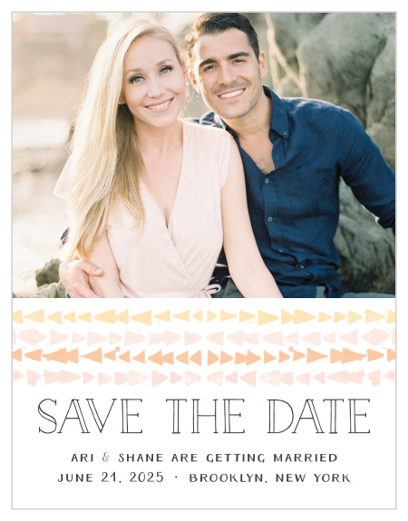 The Brooklyn Loft Save-the-Date Cards are decorated with graphics of watercolored geometric designs in shades of orange, pink, and yellow set below your engagement photo. 