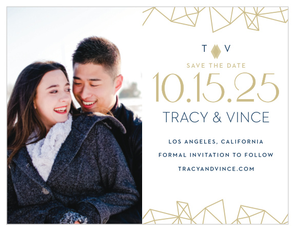 Three dimensional diamonds are tastefully scattered across the edges of the Modern Deco Save-the-Date Cards.