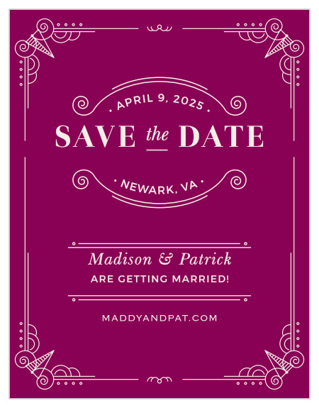 With a bliss pink background, antique-style typefaces, and embellished designs along the borders of this card, Vintage Novel Save-the-Date Cards are reminiscent of a vintage train ticket: rather than a ticket to travel, you're handing out tickets to your perfect day.