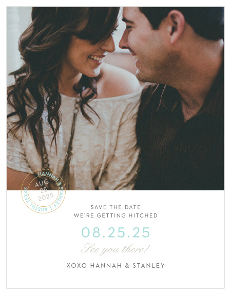 Composed from the heart, in colors of glass blue and smoky taupe and embellished with your engagement photo, retro script and a postmark emblem, the Note Home Save-the-Date Magnets are a momento of the love you and your betrothed share!