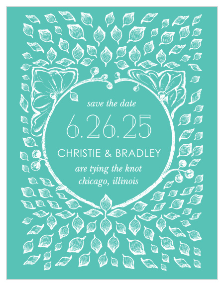 A  white, vintage, leaf adorned crown frames the In the Garden Save-the-Date Magnets along with a deluge of intricate leaves contrasted against a deep aqua background. 