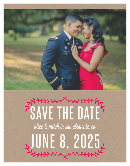 One of your beautiful engagement photos tops our Simply Krafty Save-the-Date Magnets, while pomegranate-pink vines frame your wedding information.