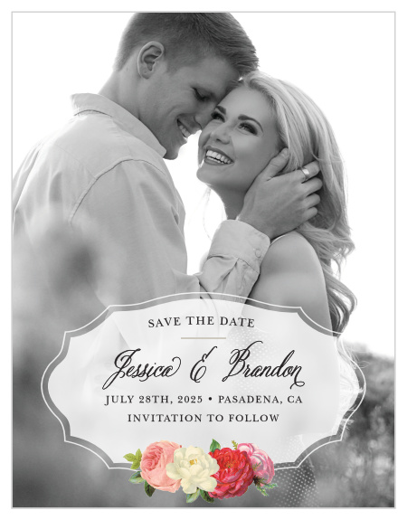 With a gorgeous picture of the bride- and groom-to-be gracing the background of our Vintage Florals Save-the-Date Magnets, overlayed by an elegant, opaque insignia featuring a soft script and signed off by a trio of roses, you can be assured that its recipients will be awestruck. 